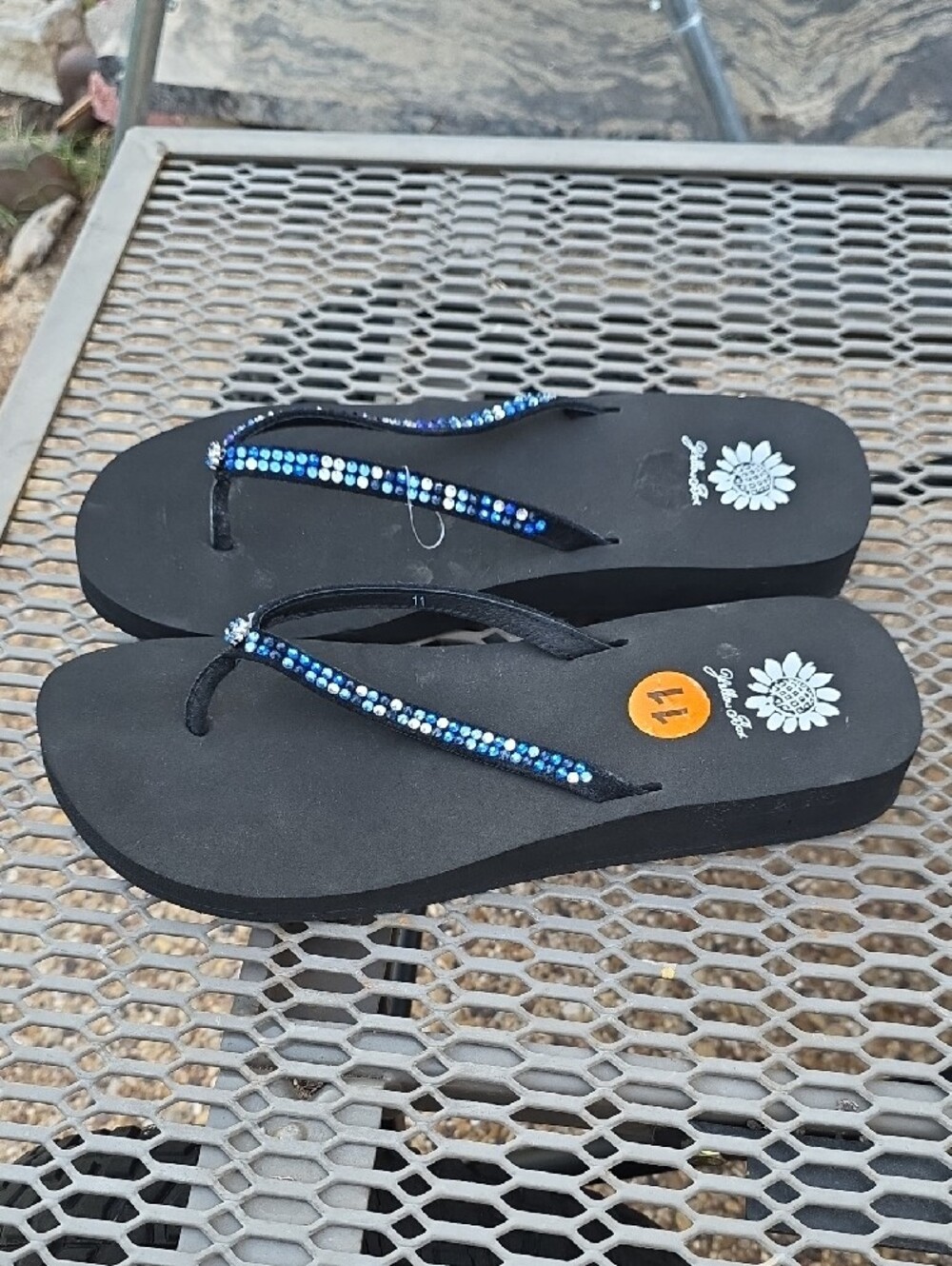 Yellow Box Black Flip Flops with Blue Rhinestone Straps - Picture 3 of 5